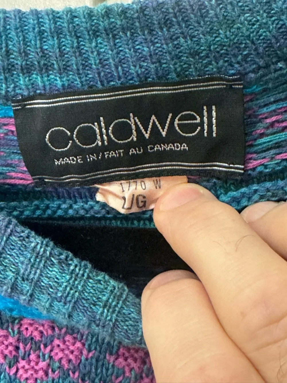 vintage Caldwell teal wool sweater with purple and light blue size L